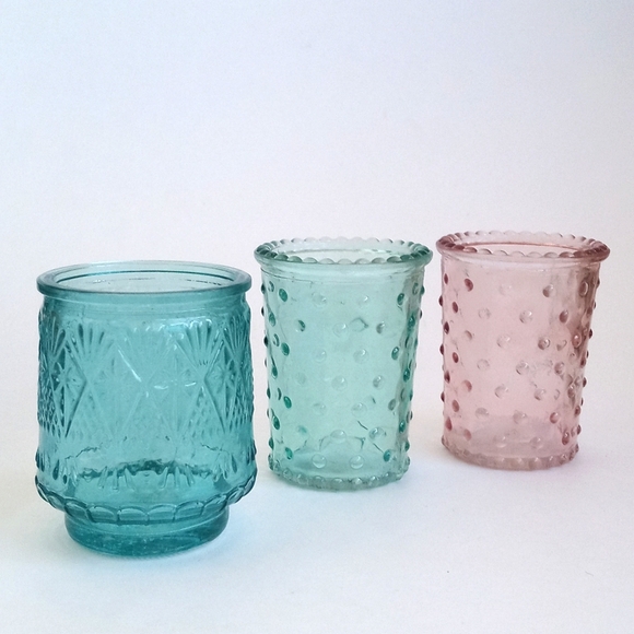 Vintage Shabby Chic Pink Sea Green and Aqua Blue Candle Glass Votives Set of 3 - Picture 7 of 11